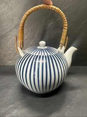 Blue and White Striped Ceramic Teapot with Woven Handle